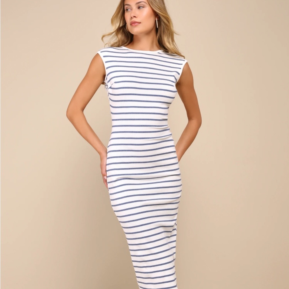 Pre-loved Chic Existence Ivory and Blue Striped Backless Midi Dress